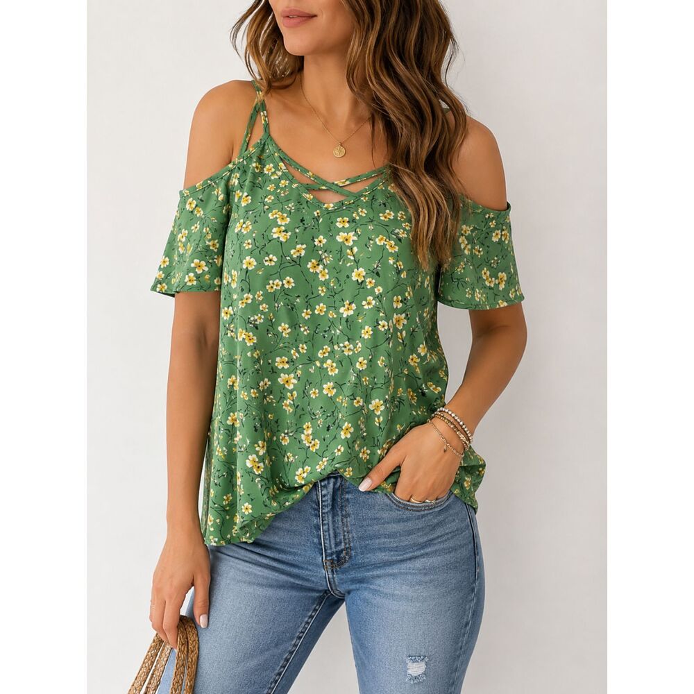 Kaileigh Green Floral Cold Shoulder Blouse Women's Medium Criss Cross Top